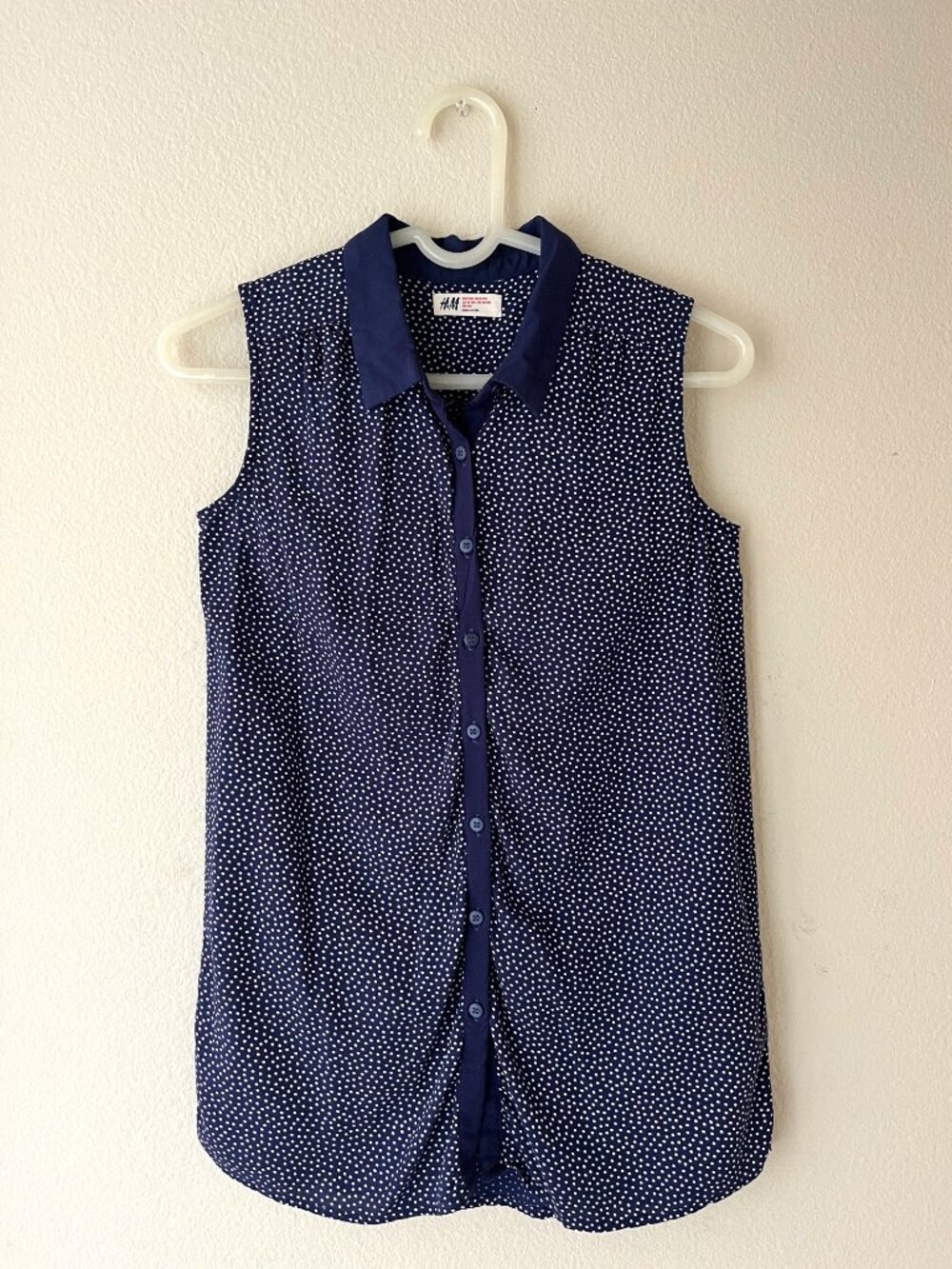 Sleeveless Button Down Shirt H&M Collar Polka Dot Navy Blue Girls 12-13Y
